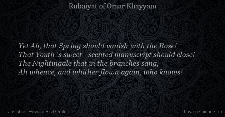 Yet Ah, that Spring should vanish with the Rose!
 | Omar Khayyam | Rubaiyat in English